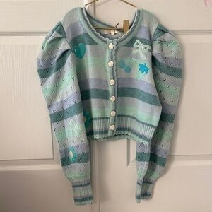 LoveShackFancy NWT Mint and Sky Blue Embroidered Cardigan